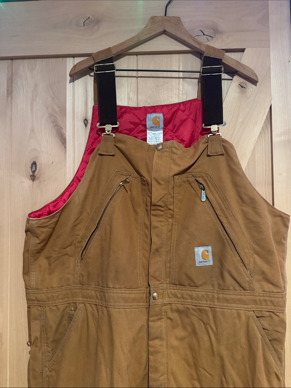 Carhartt Men’s Brown Insulated Bib Overalls Jacket - Brown with Red Lining